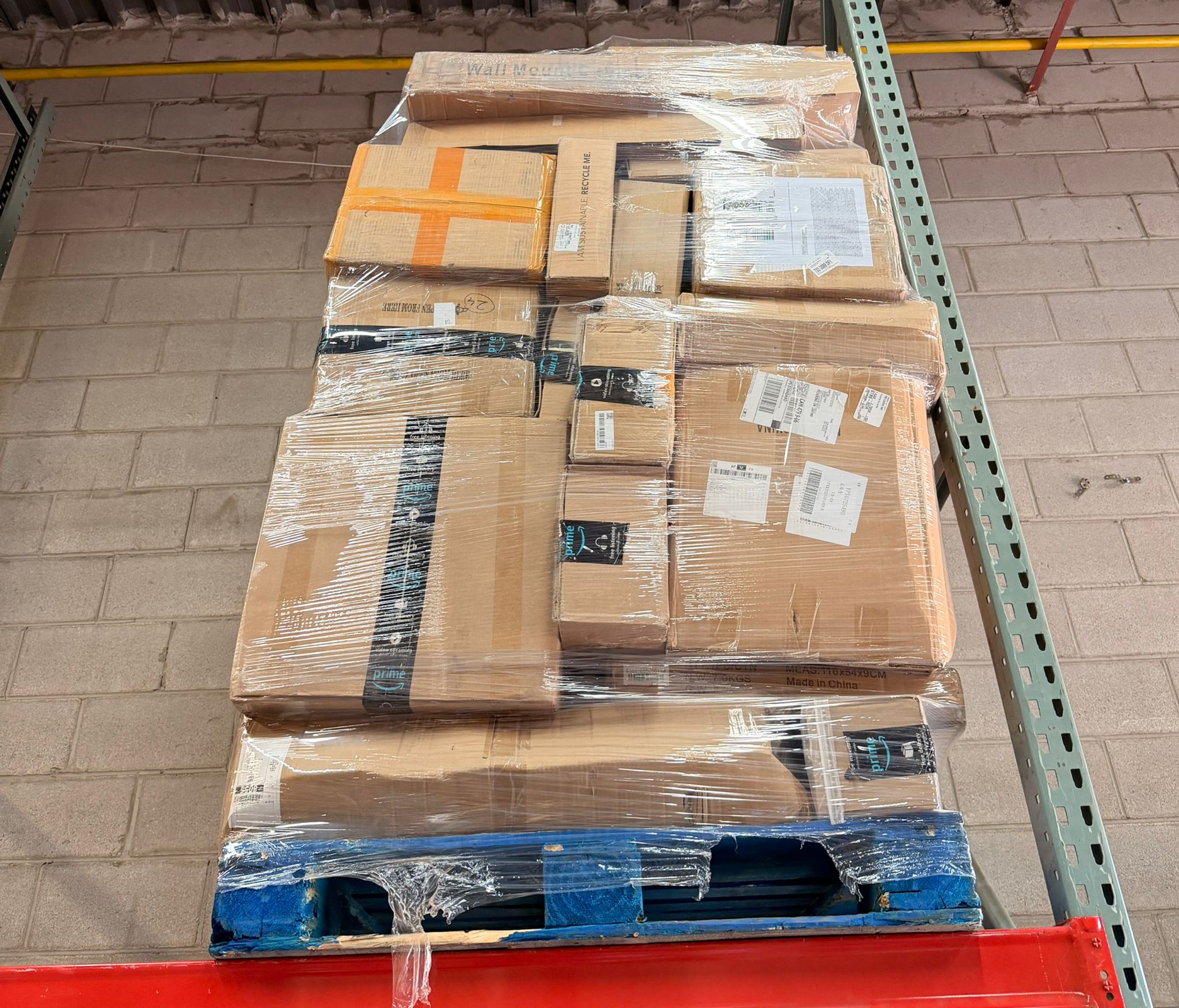 Wrapped pallet on warehouse rack